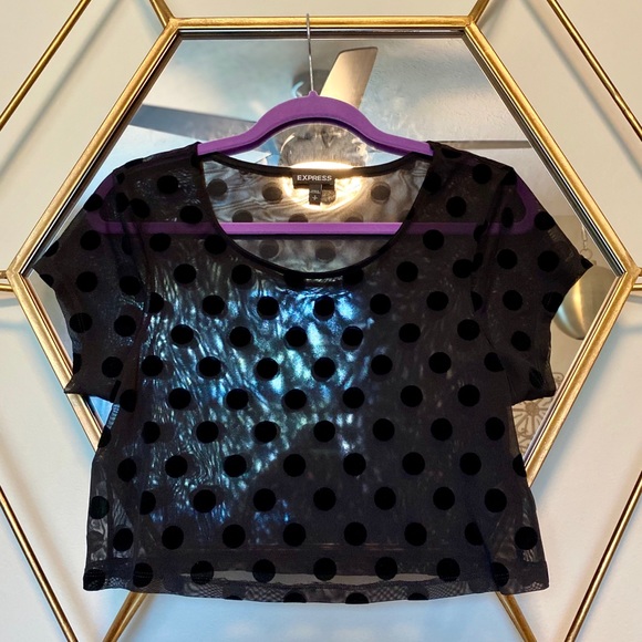 Small Express sheer black crop top w polka dots - Picture 2 of 2
